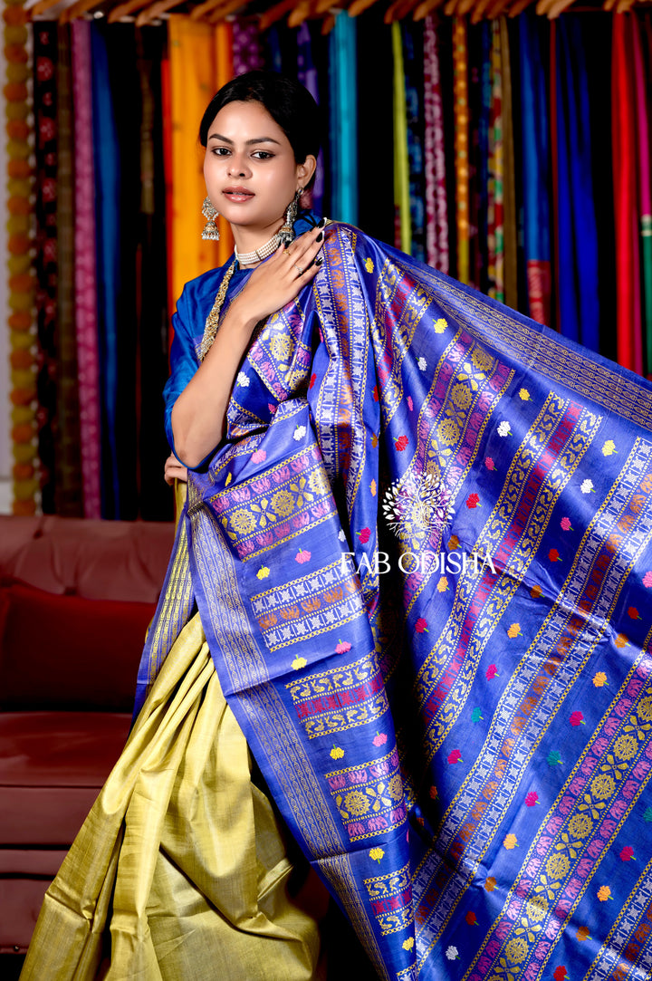 KASHMIR - KI -KALLI, DOUBLE ANCHAL SUPER FINE HAND-SPUN TUSSAR SAREE