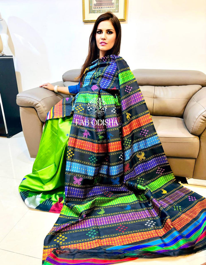 COLOURFUL GREEN VALLEY DOUBLE  PALLU BERHI SILK PATTA SAREE