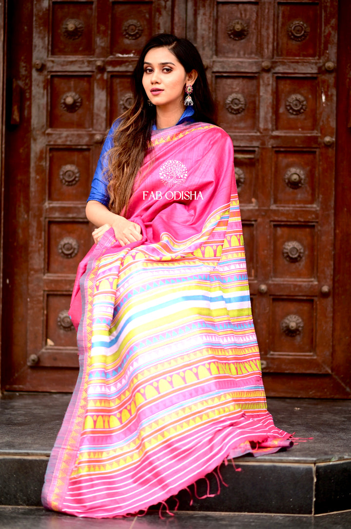 PINK SAGA DONGRIA EXTRA WEFT FINE TUSSAR SILK SAREE