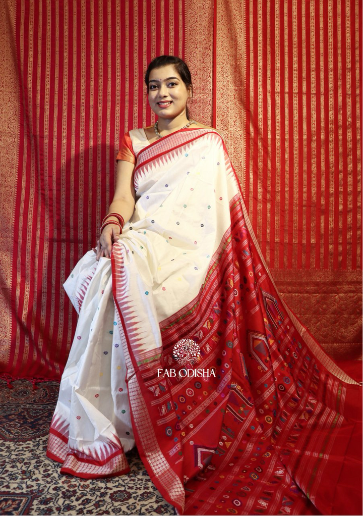 EMPRESS SACRED RED AND WHITE HERITAGE DOLABEDI SAMBALPURI SAREE