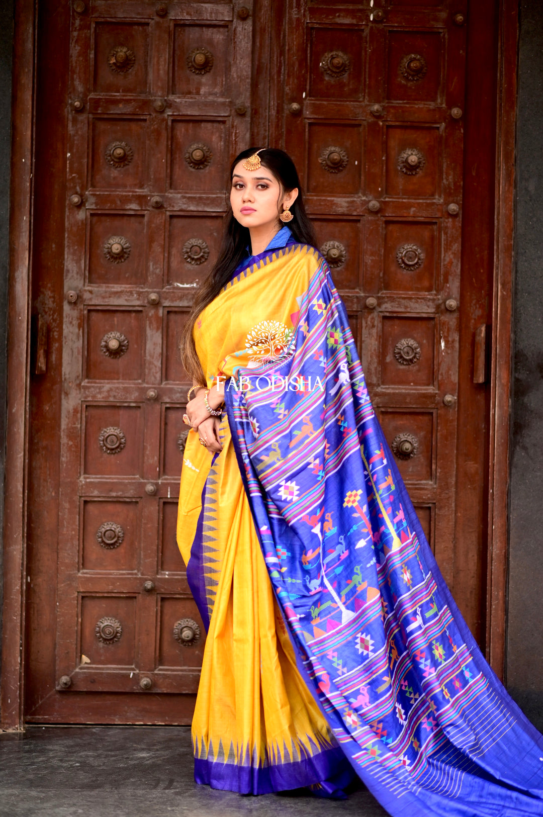 HALDI- NEEL-AMBER  SUPER FINE BOMKAI TUSSAR SILK SAREE