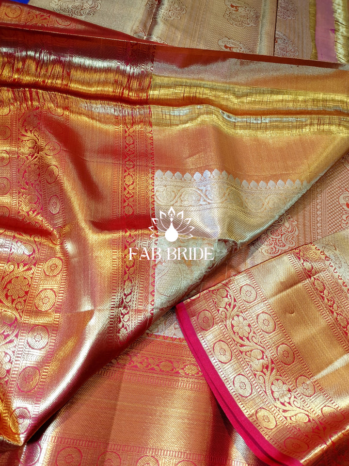 "PEACOCK DANCE IN GOLDEN HOUR" PURE TISSUE SILK KANJIVARAM SAREE