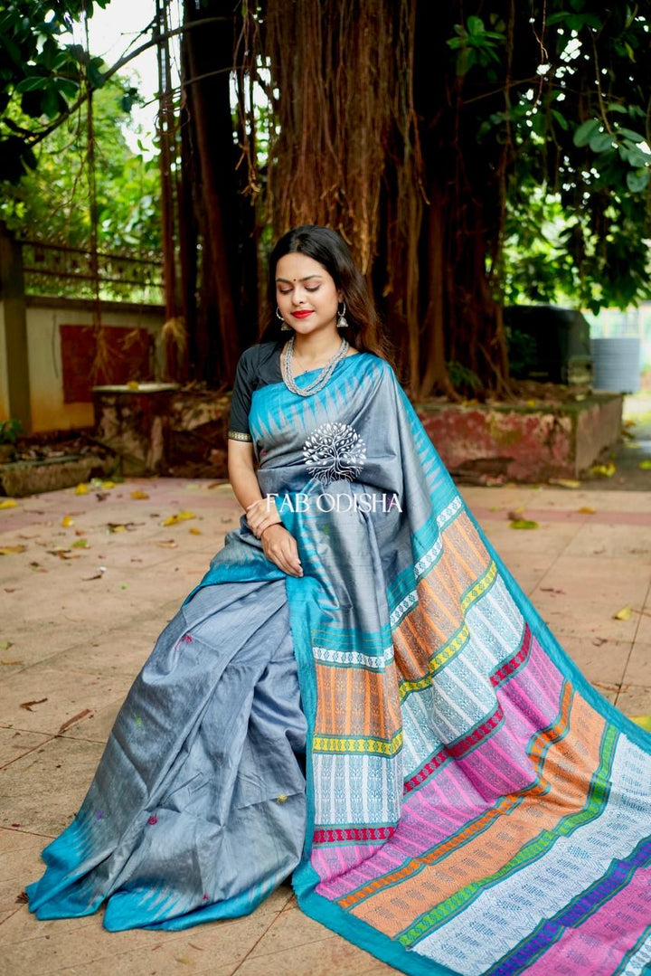 BARFILI GREY JALLA FINE HAND WOVEN TUSSAR SILK SAREE