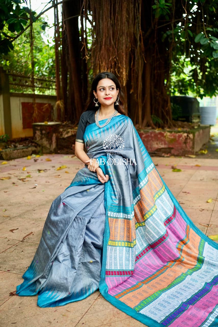 BARFILI GREY JALLA FINE HAND WOVEN TUSSAR SILK SAREE