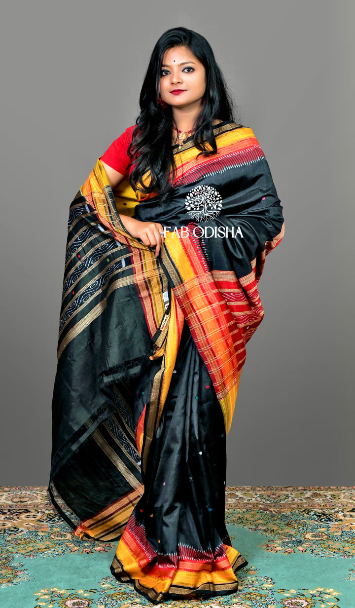 BLACK “DIVYA RATRI EKAMRA TRAILS" MULBERRY HANDLOOM SILK SAREE