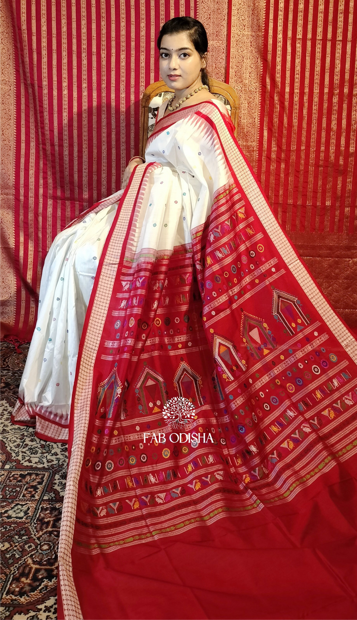 EMPRESS SACRED RED AND WHITE HERITAGE DOLABEDI SAMBALPURI SAREE