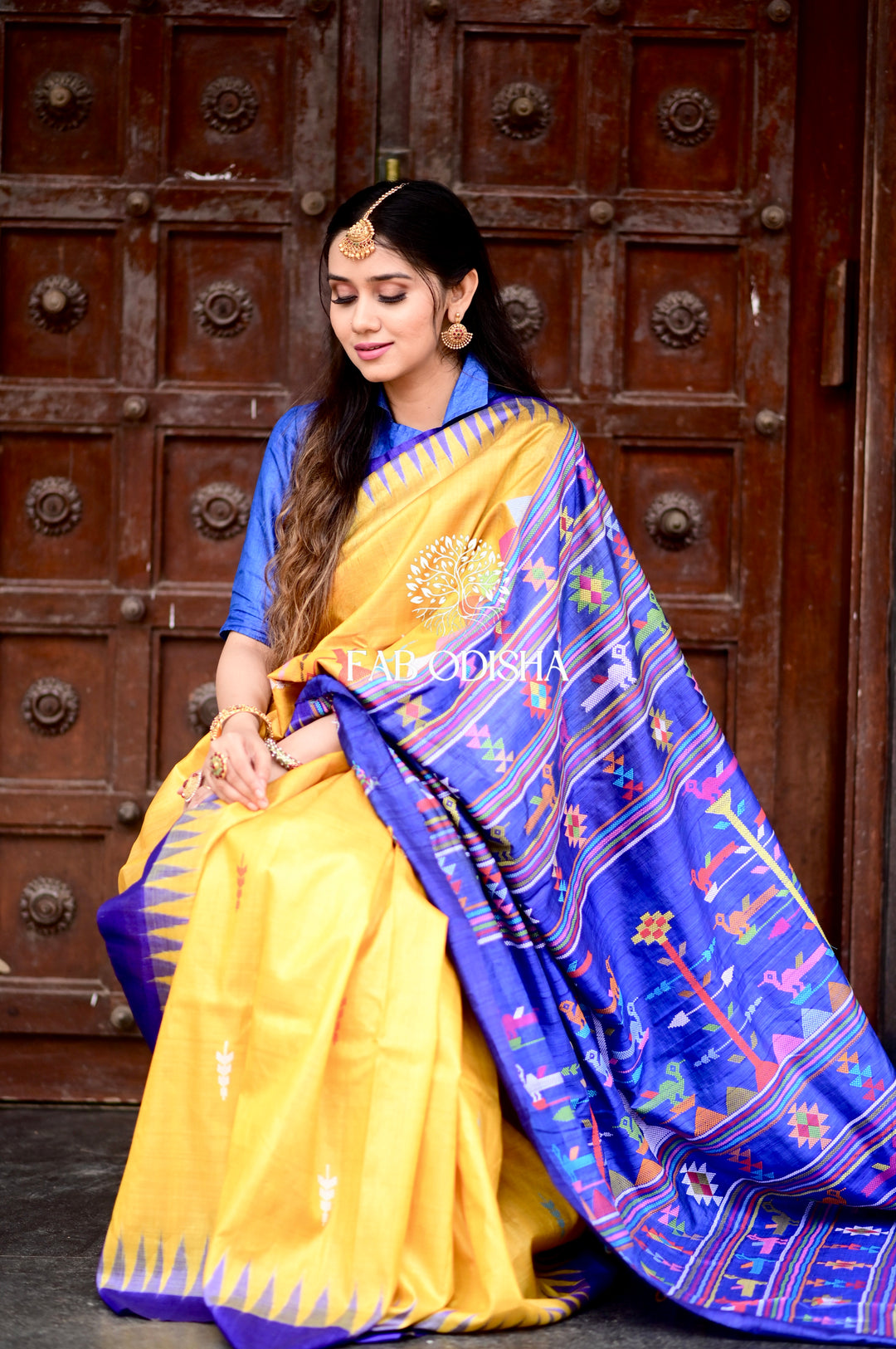 HALDI- NEEL-AMBER  SUPER FINE BOMKAI TUSSAR SILK SAREE