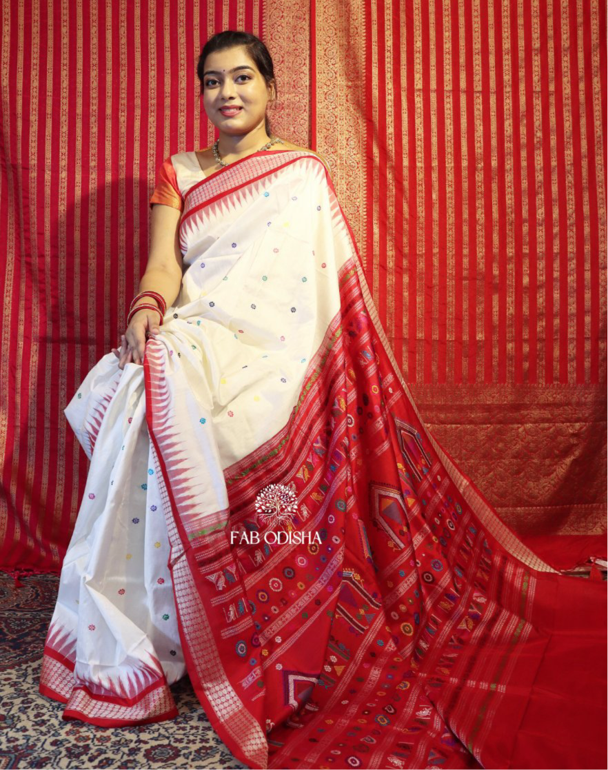 EMPRESS SACRED RED AND WHITE HERITAGE DOLABEDI SAMBALPURI SAREE