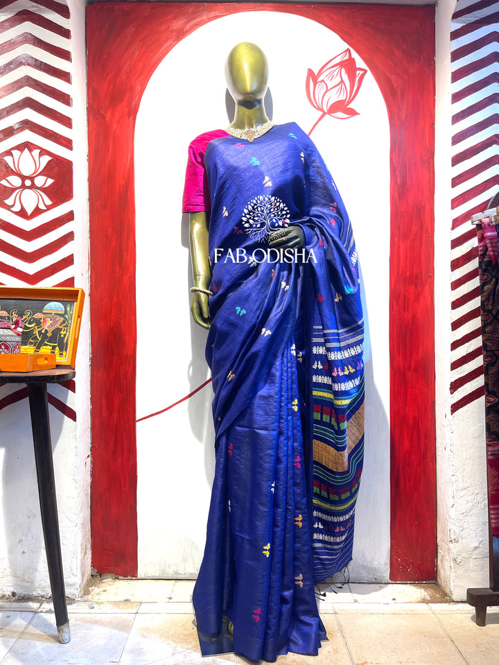 "TITLI UPVAN" NAVY BLUE FINE TUSSAR JALLA SAREE