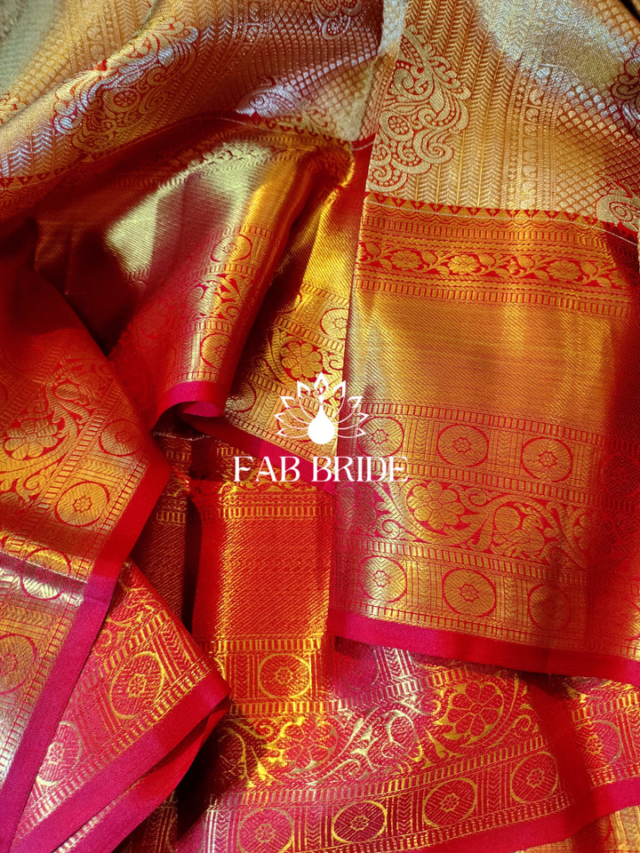 "PEACOCK DANCE IN GOLDEN HOUR" PURE TISSUE SILK KANJIVARAM SAREE