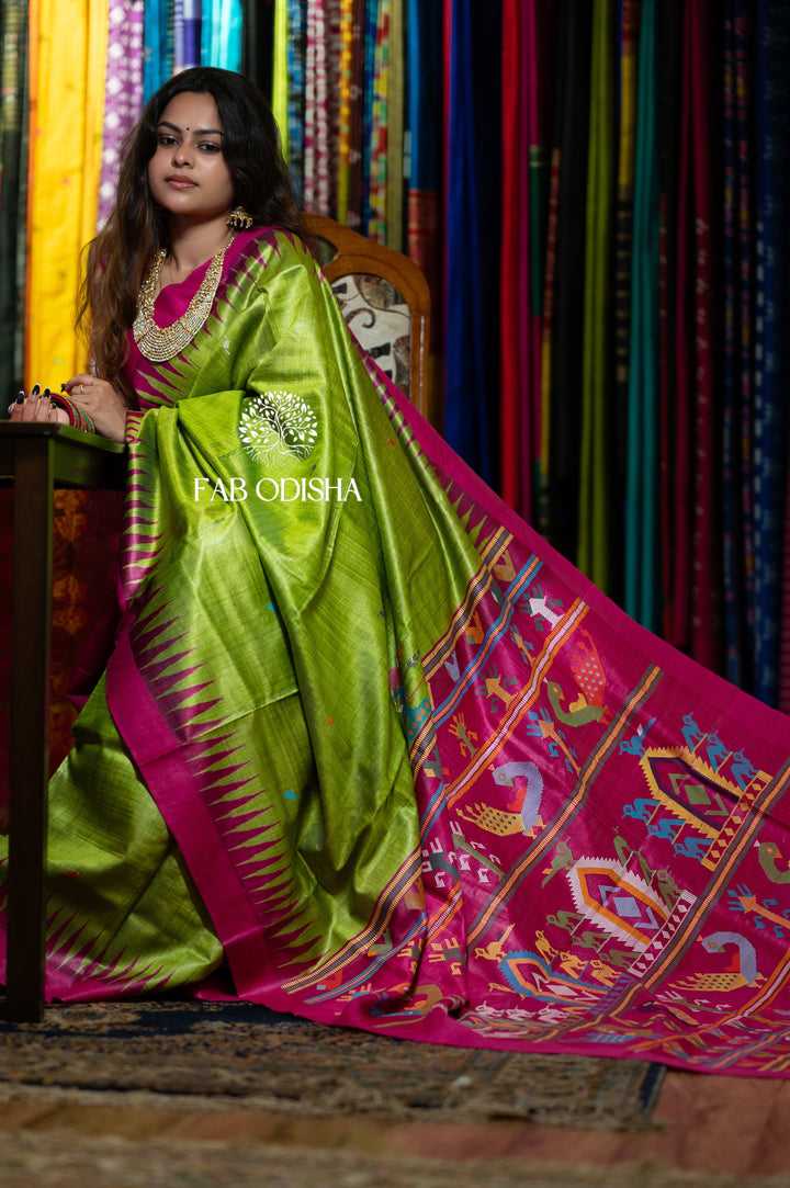 LUXURIOUS BOMKAI MINTY GREEN SUPER FINE TUSSAR SAREE