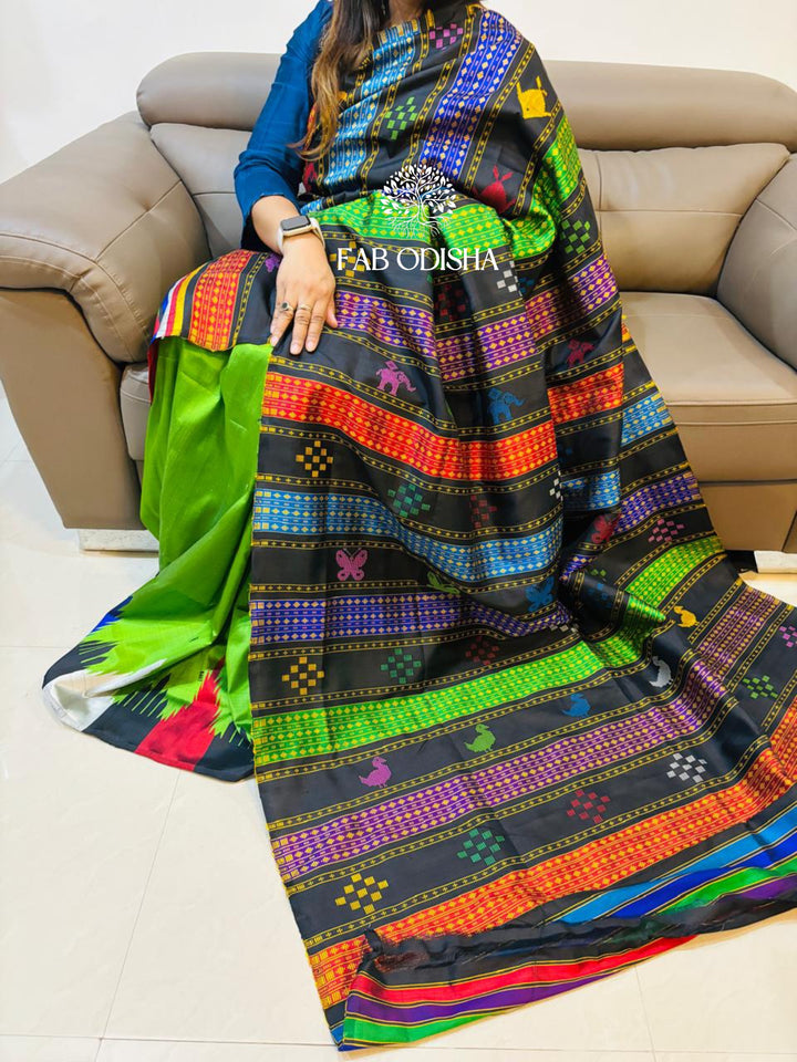 COLOURFUL GREEN VALLEY DOUBLE  PALLU BERHI SILK PATTA SAREE