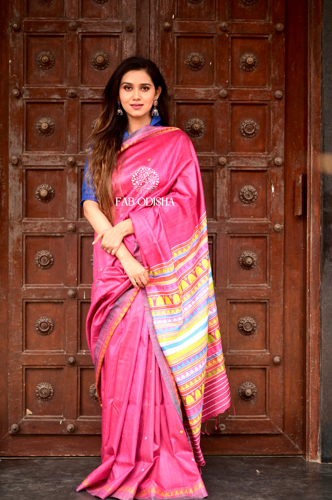 PINK SAGA DONGRIA EXTRA WEFT FINE TUSSAR SILK SAREE