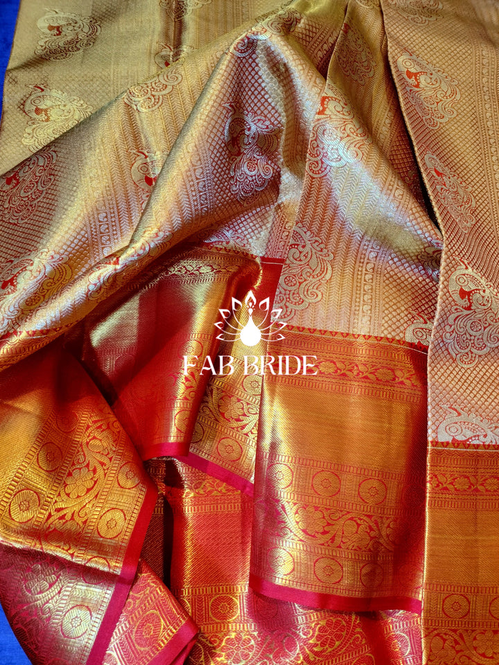 "PEACOCK DANCE IN GOLDEN HOUR" PURE TISSUE SILK KANJIVARAM SAREE