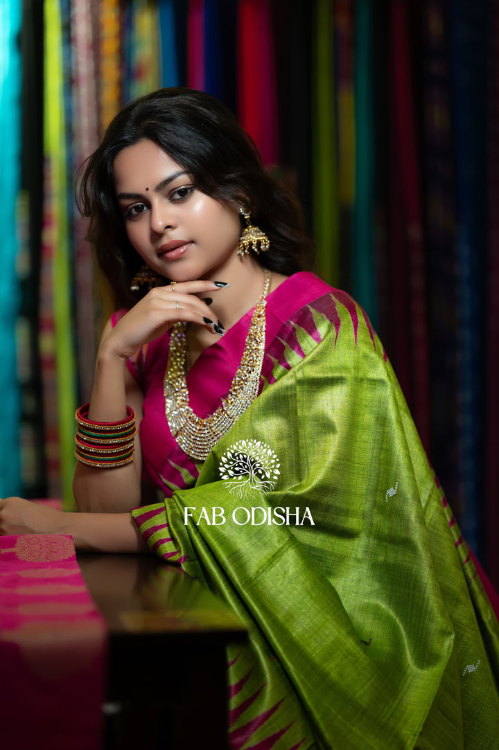 LUXURIOUS BOMKAI MINTY GREEN SUPER FINE TUSSAR SAREE