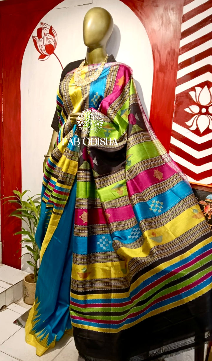 ENCHANTING BLUE MASTER WEAVE ASHWINI BERHAMPURI BOMKAI DOUBLE ANCHAL PATTA