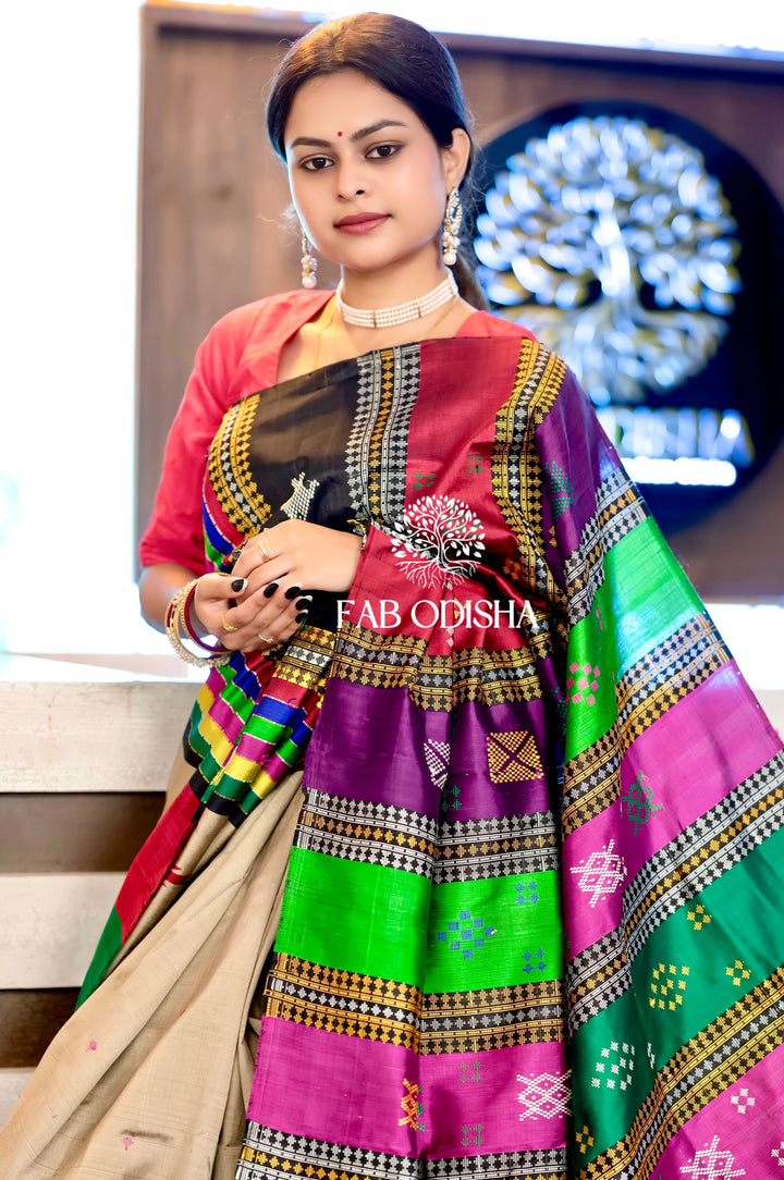 SULEKHA MULTI KUMBHA- MOTIF DOUBLE AANCHAL BERHAMPURI PATTA SAREE