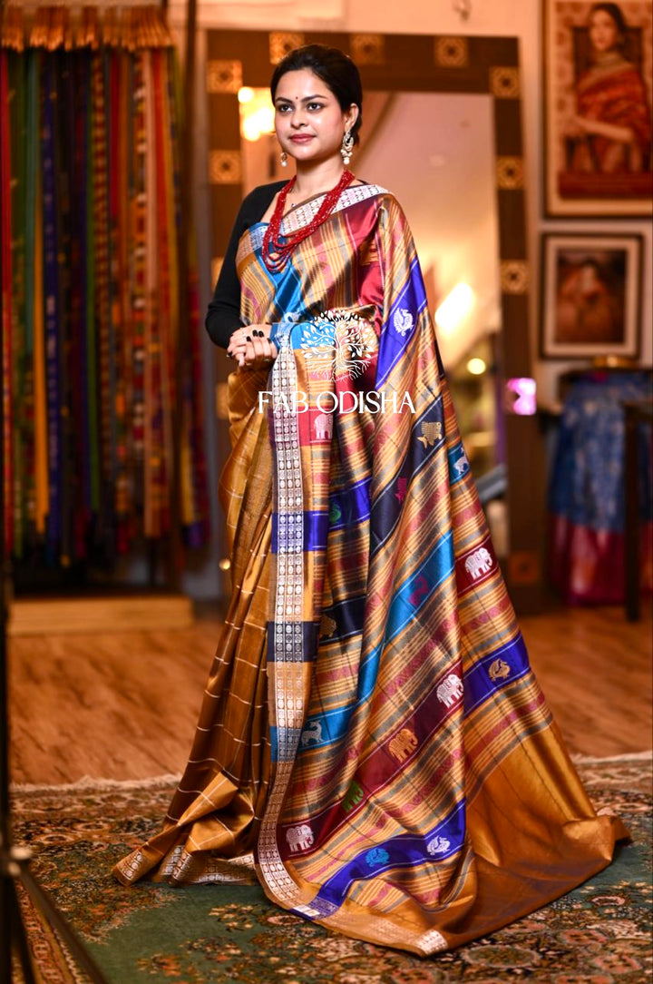 BRONZE-STREAKED GOLDEN CHECKERED DOUBLE ANCHAL BERHAMPURI PATTA