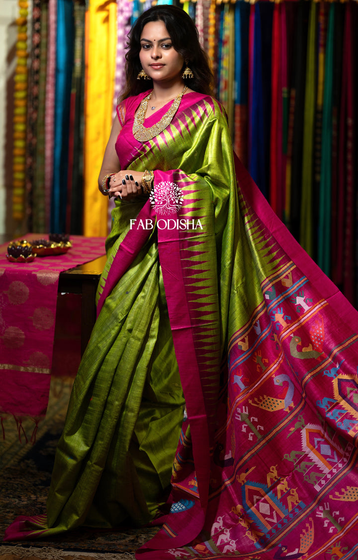 LUXURIOUS BOMKAI MINTY GREEN SUPER FINE TUSSAR SAREE