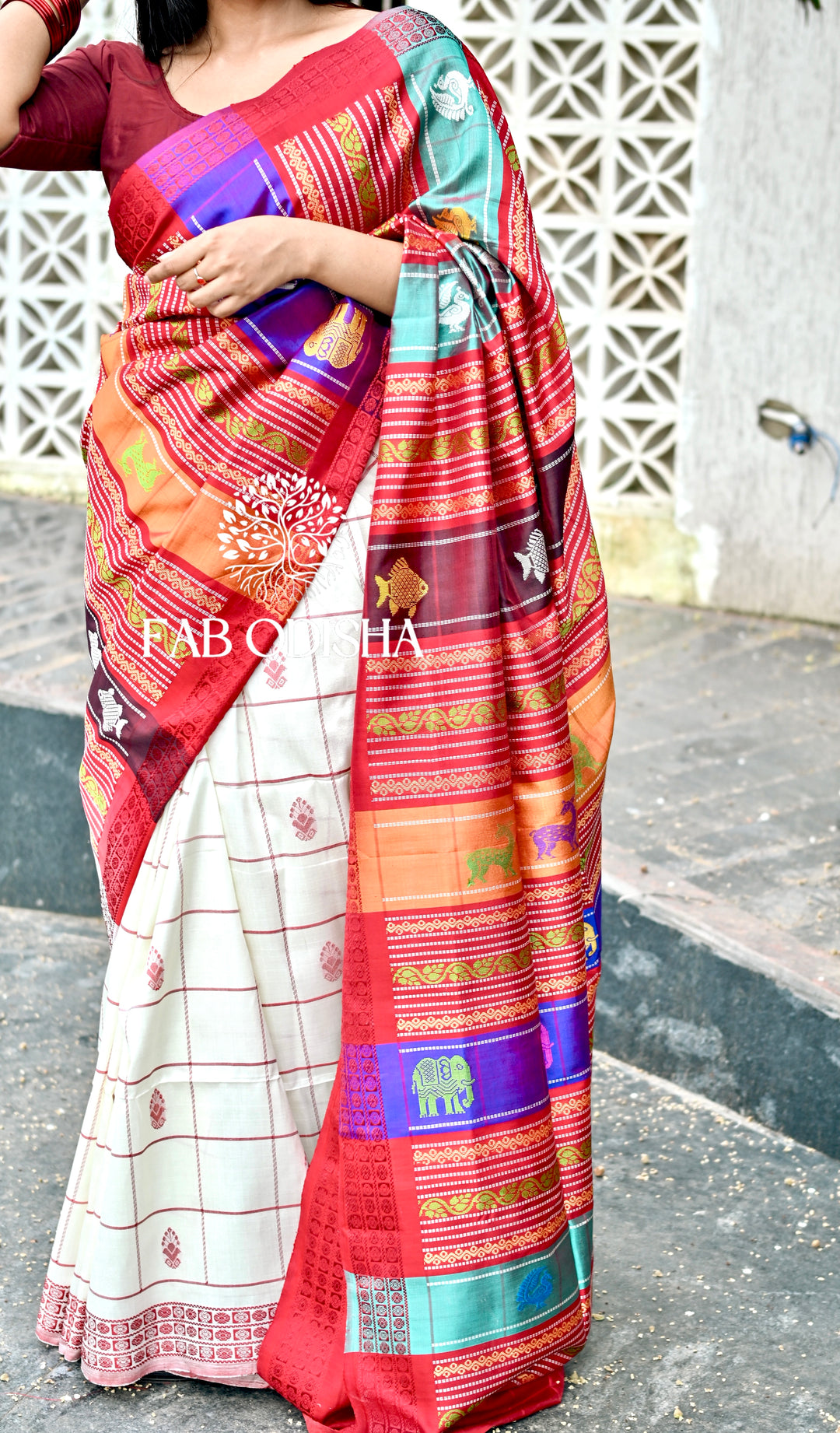 MASTERPIECE PUJA SPECIAL RUDRAKSH BORDER MULTI COLOURED MOTIF BERHAMPURI DOUBLE PALLU SILK SAREE