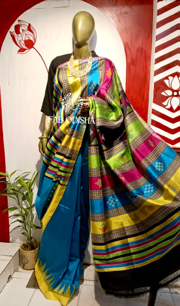 ENCHANTING BLUE MASTER WEAVE ASHWINI BERHAMPURI BOMKAI DOUBLE ANCHAL PATTA