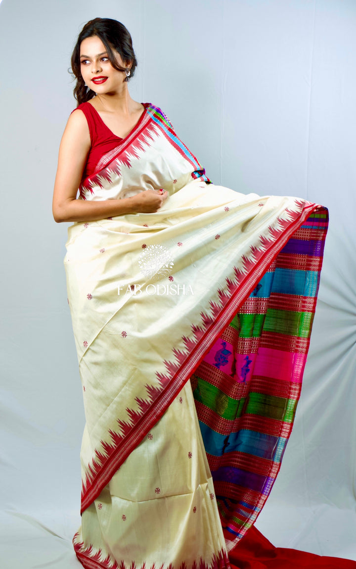 “SUMITRA” PRISTINE OFF WHITE RUDRAKSHA BORDER SINGLE PALLU BERHAMPURI PATTA SILK SAREE