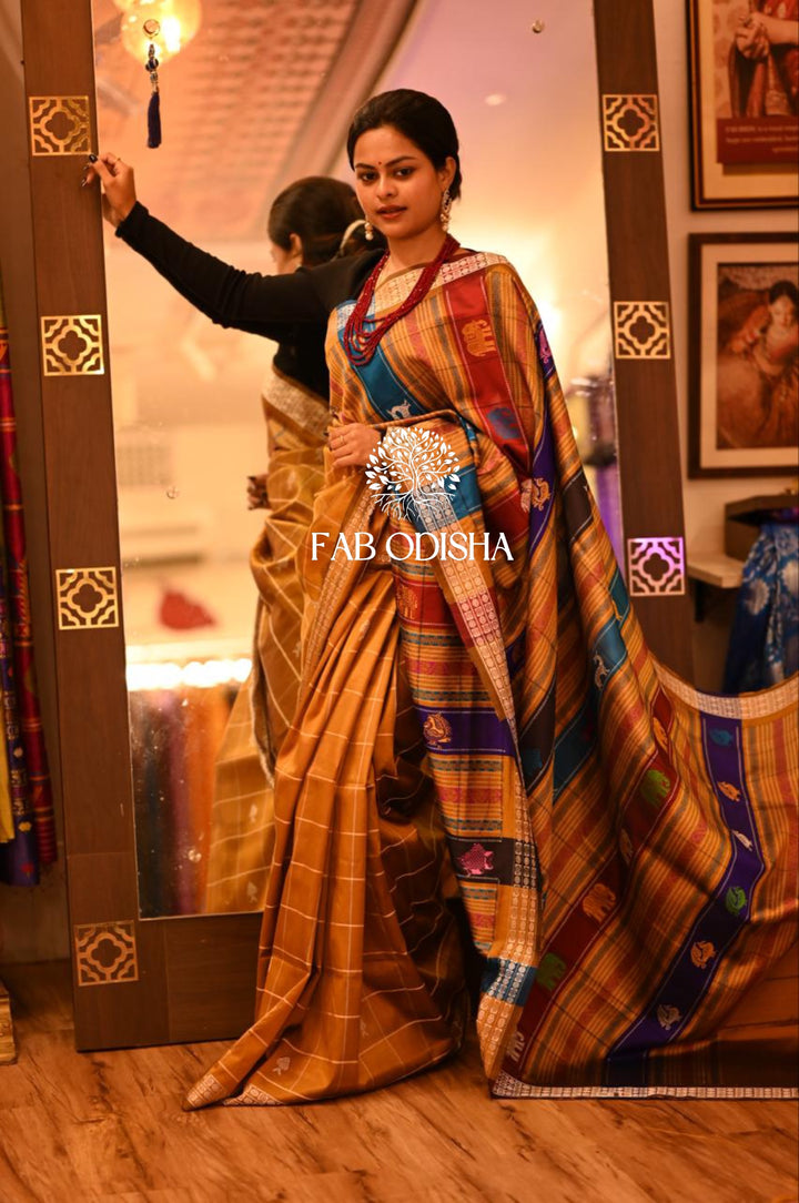 BRONZE-STREAKED GOLDEN CHECKERED DOUBLE ANCHAL BERHAMPURI PATTA