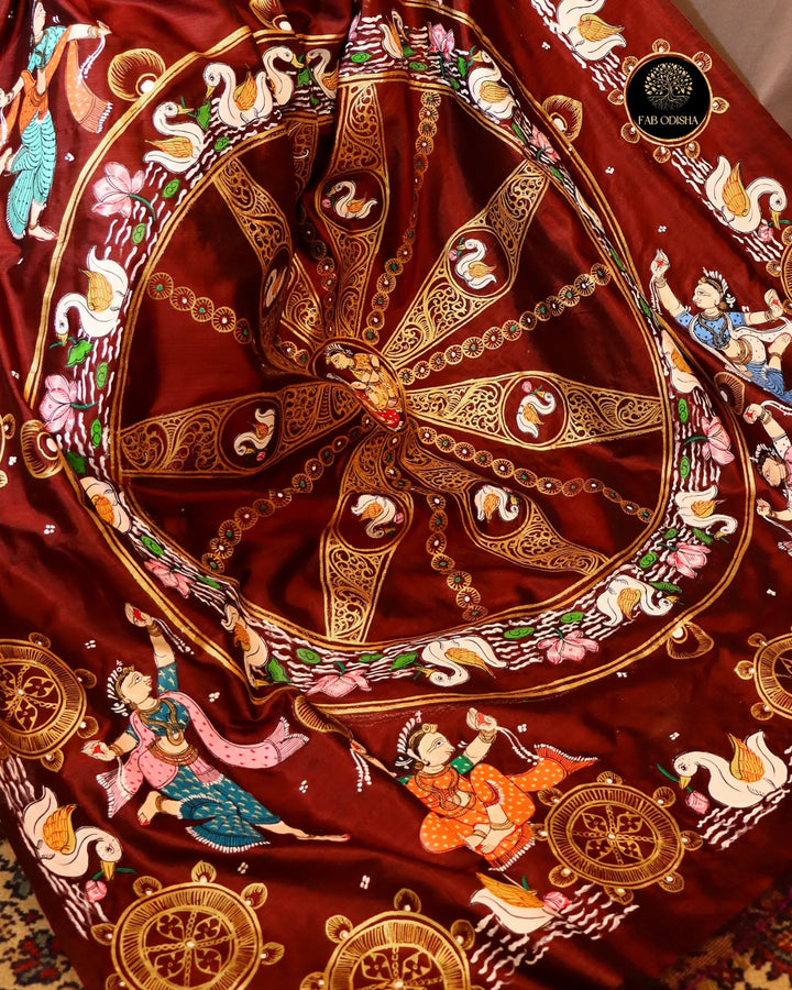 RED RUSTIC KONARK CULTURE PURE SILK PATTACHITRA SAREE