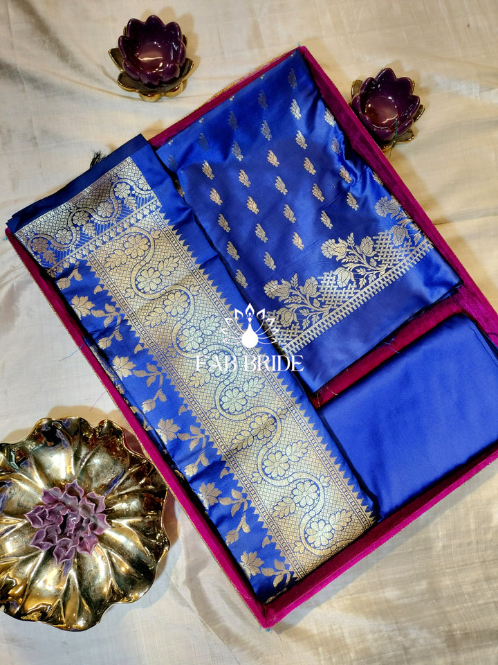 "MOONLIT BLUE" PURE BANARASI SILK JACQUARD ZARI MOTIF UNSTITCHED DRESS MATERIAL