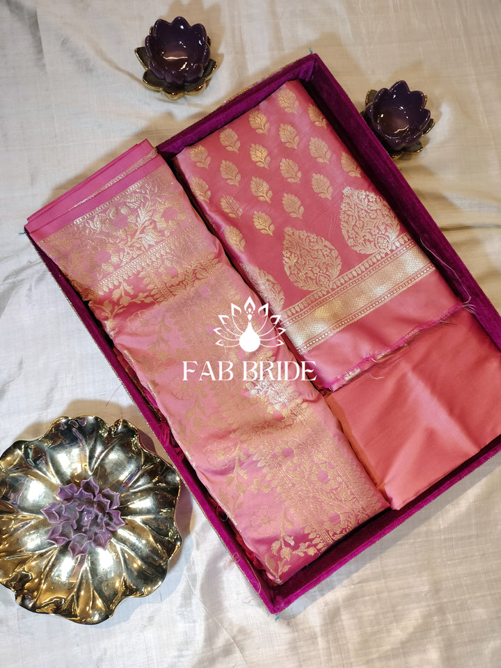 "PEACHY VIBES" PURE BANARASI SILK JACQUARD ZARI MOTIF UNSTITCHED DRESS MATERIAL