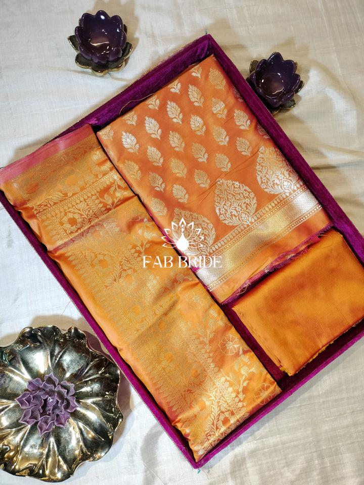 "CITRUSY ORANGE" PURE BANARASI SILK JACQUARD ZARI MOTIF UNSTITCHED DRESS MATERIAL