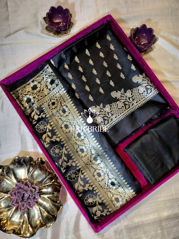 "MIDNIGHT BLACK" PURE BANARASI SILK JACQUARD ZARI MOTIF UNSTITCHED DRESS MATERIAL