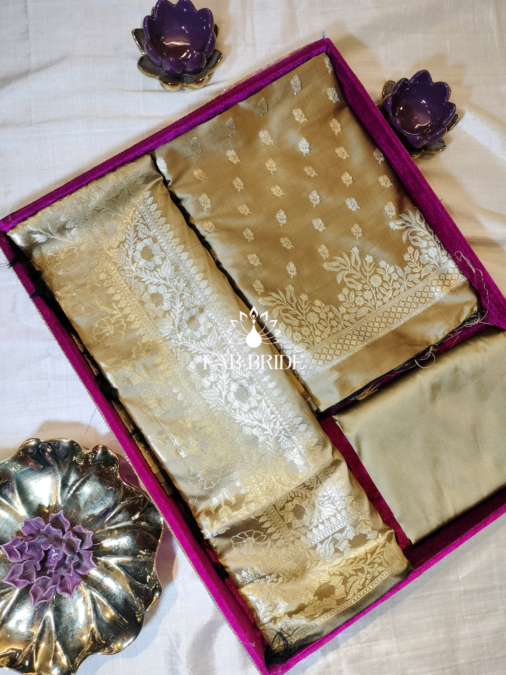 "PISTA BEIGE" PURE BANARASI SILK JACQUARD ZARI MOTIF UNSTITCHED DRESS MATERIAL