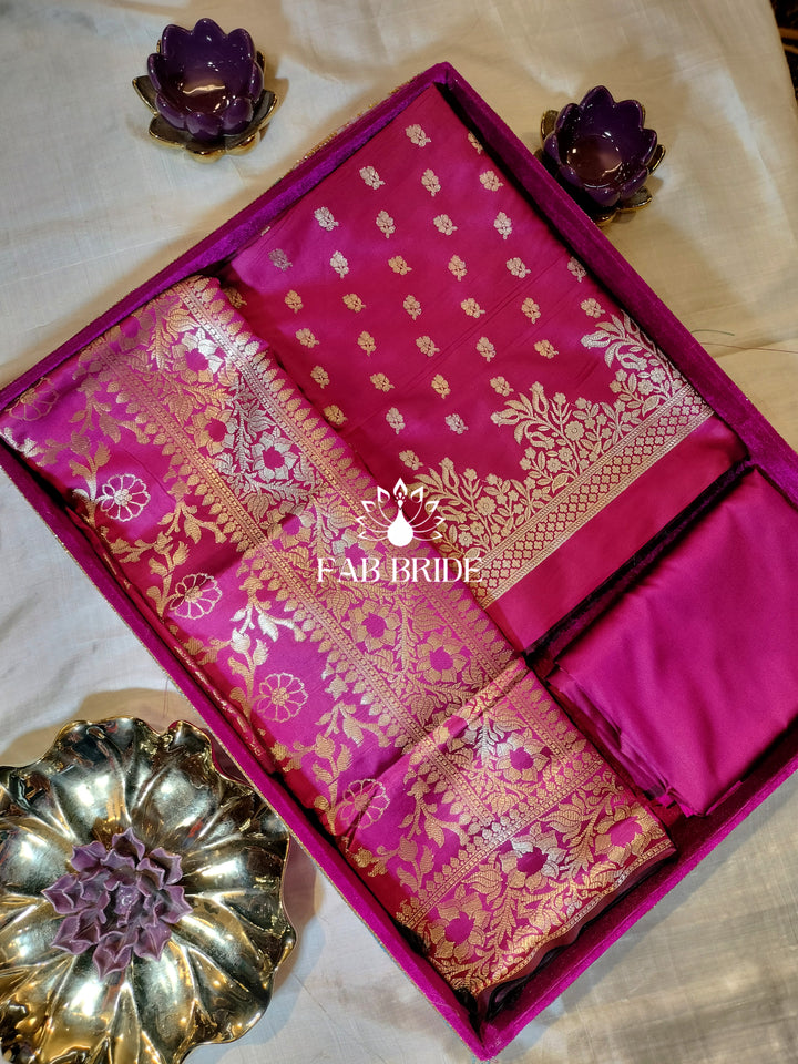 "QUEENLY PINK" PURE BANARASI SILK JACQUARD ZARI MOTIF UNSTITCHED DRESS MATERIAL