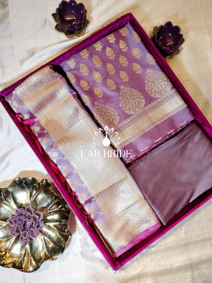 "LILAC LAVENDERS" PURE BANARASI SILK JACQUARD ZARI MOTIF UNSTITCHED DRESS MATERIAL