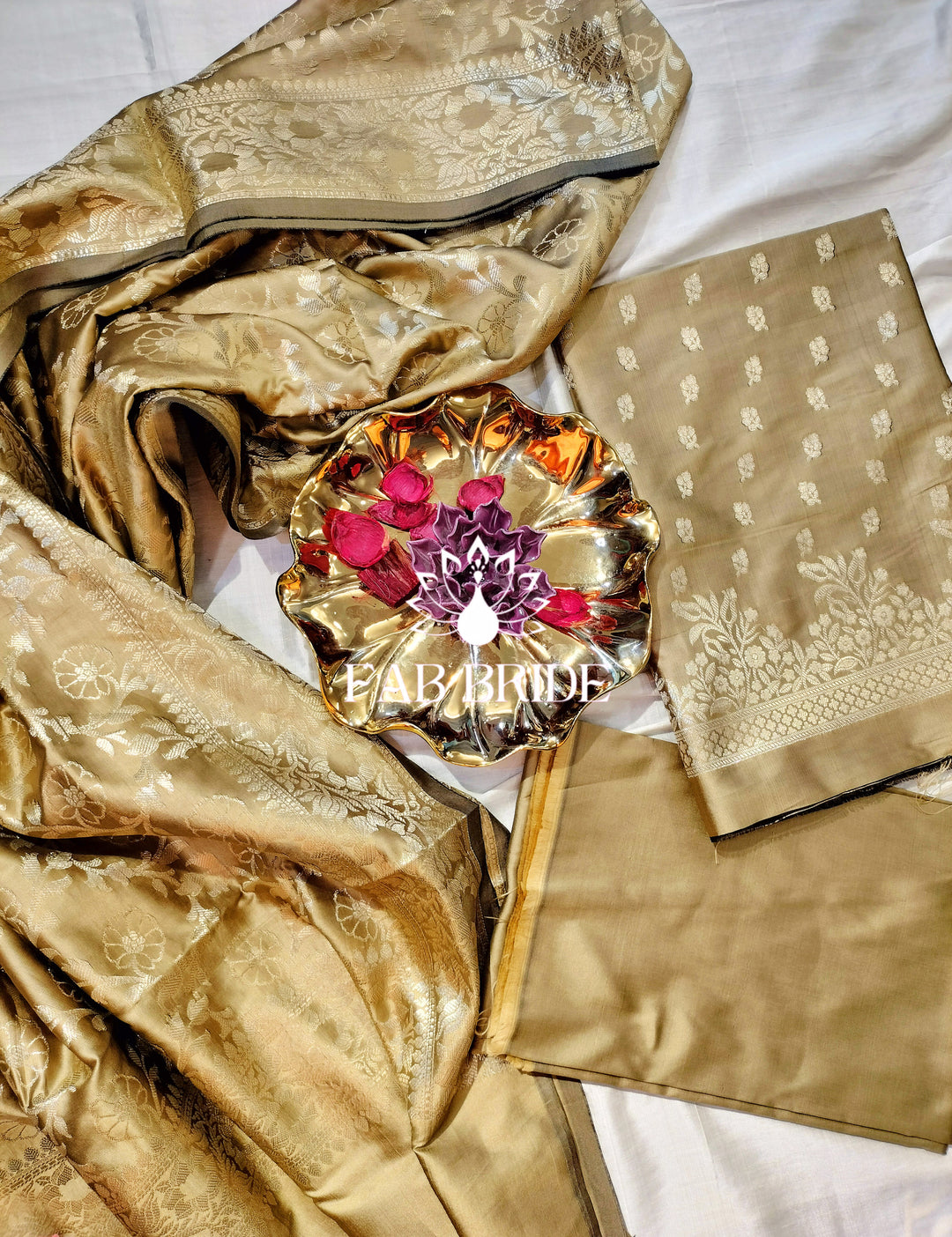 "PISTA BEIGE" PURE BANARASI SILK JACQUARD ZARI MOTIF UNSTITCHED DRESS MATERIAL