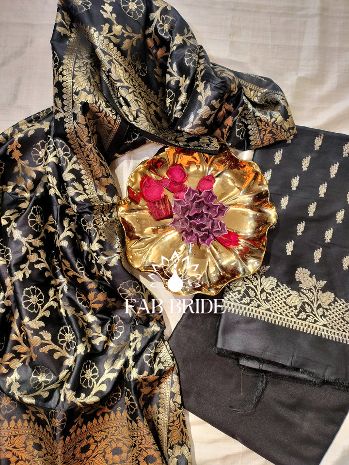 "MIDNIGHT BLACK" PURE BANARASI SILK JACQUARD ZARI MOTIF UNSTITCHED DRESS MATERIAL