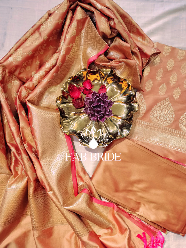 "CORAL DREAMS" PURE BANARASI SILK JACQUARD ZARI MOTIF UNSTITCHED DRESS MATERIAL