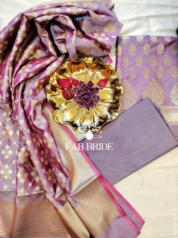 "LILAC LAVENDERS" PURE BANARASI SILK JACQUARD ZARI MOTIF UNSTITCHED DRESS MATERIAL