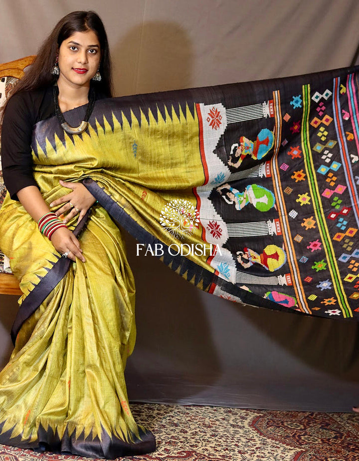 DANCING MUDRA - GREEN" HERITAGE FINE TUSSAR SAREE