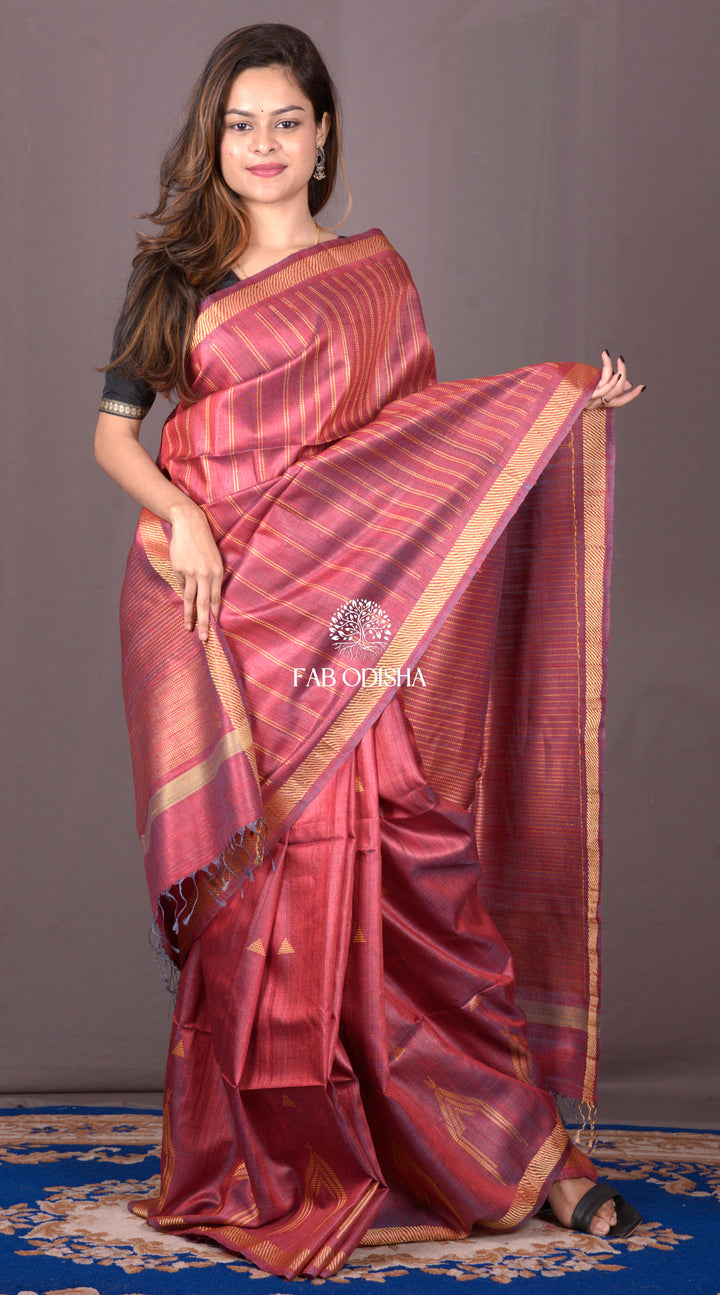 "ROSY EVENING TO REMEMBER" CONTEMPORARY FINE TUSSAR SILK DOUBLE JALLA WORK PALLU SAREE