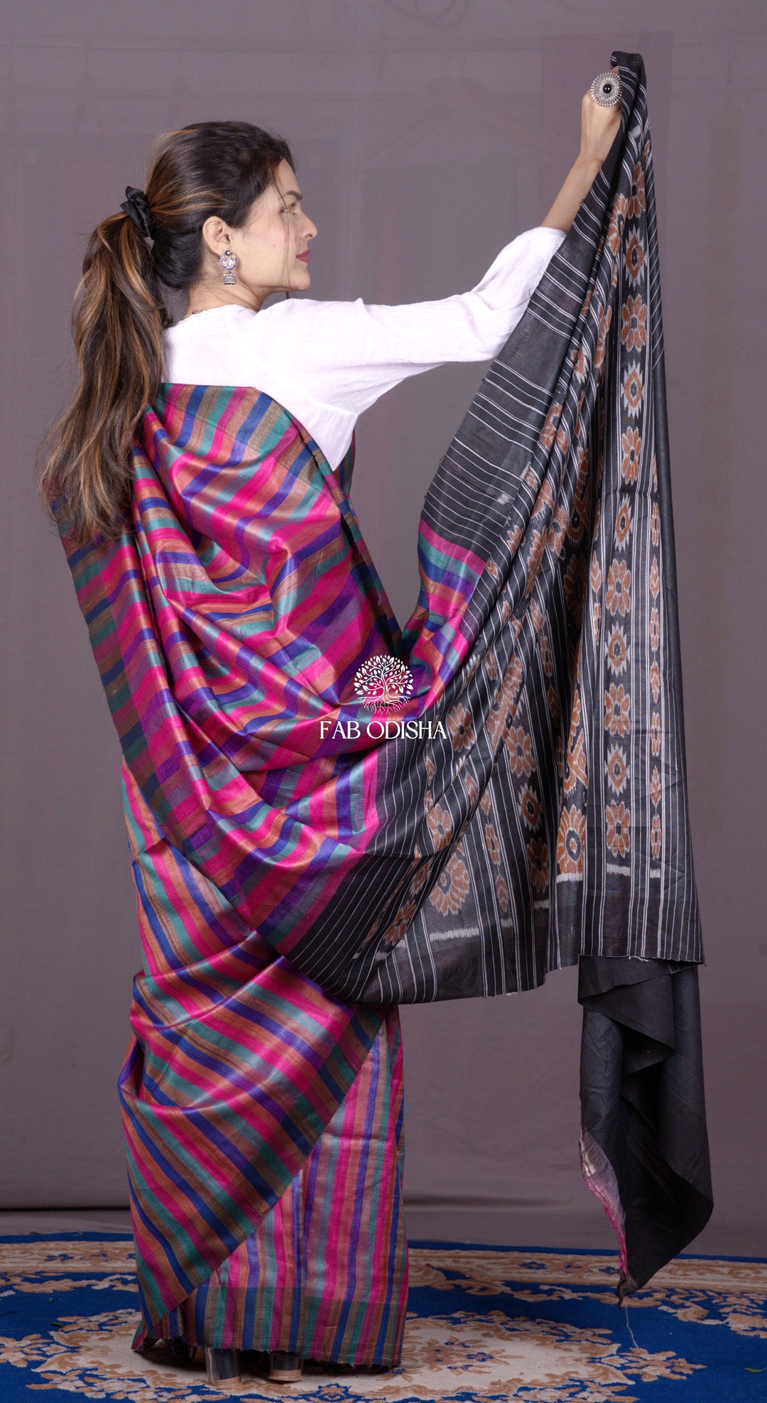 "STRIPES OF SPRING BLOSSOMS" FINE TUSSAR SILK SAREE WITH IKAT AANCHAL