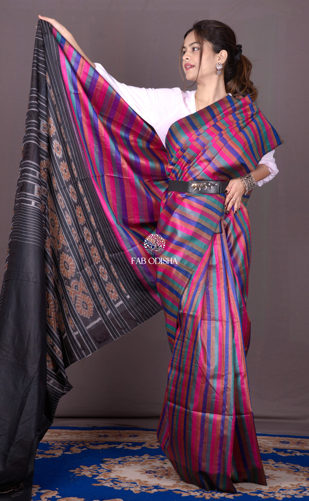 "STRIPES OF SPRING BLOSSOMS" FINE TUSSAR SILK SAREE WITH IKAT AANCHAL