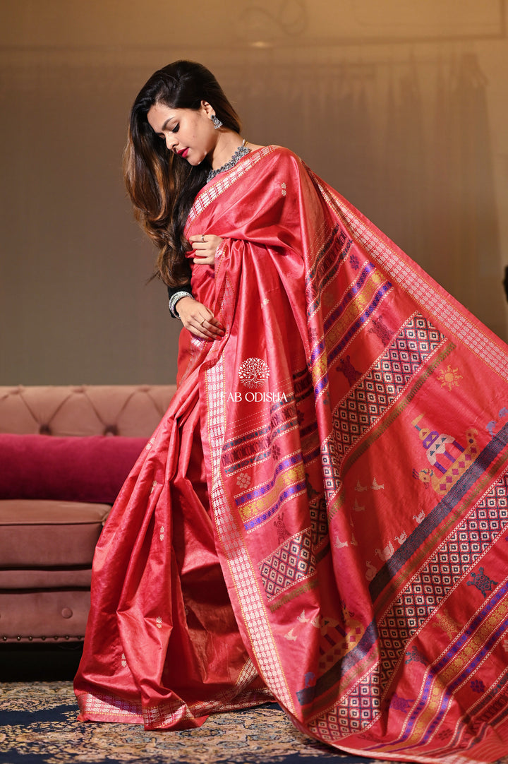 HERITAGE RICH -4 LAYERED KACHUA BORDER RED HUE BOITA BANDANA SUPER-FINE TUSSAR SILK SAREE