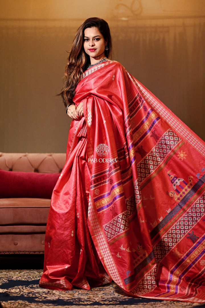 HERITAGE RICH -4 LAYERED KACHUA BORDER RED HUE BOITA BANDANA SUPER-FINE TUSSAR SILK SAREE