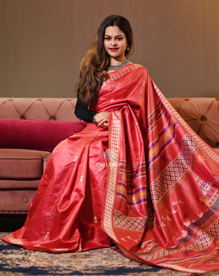 HERITAGE RICH -4 LAYERED KACHUA BORDER RED HUE BOITA BANDANA SUPER-FINE TUSSAR SILK SAREE