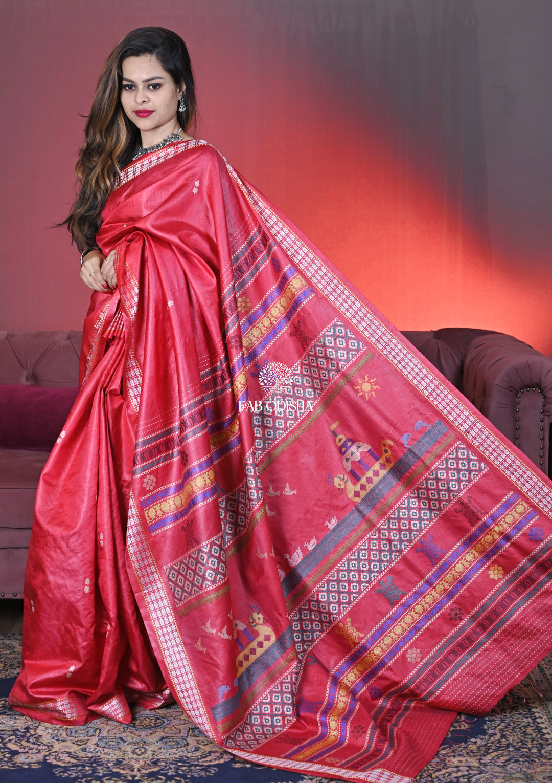 HERITAGE RICH -4 LAYERED KACHUA BORDER RED HUE BOITA BANDANA SUPER-FINE TUSSAR SILK SAREE