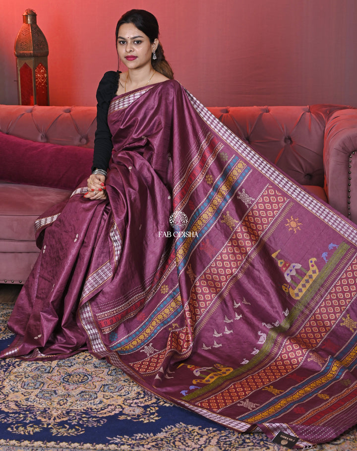 HERITAGE PLUM HUE BOITA BANDANA SUPER-FINE TUSSAR SILK SAREE