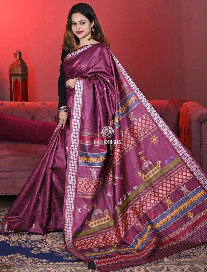 HERITAGE PLUM HUE BOITA BANDANA SUPER-FINE TUSSAR SILK SAREE