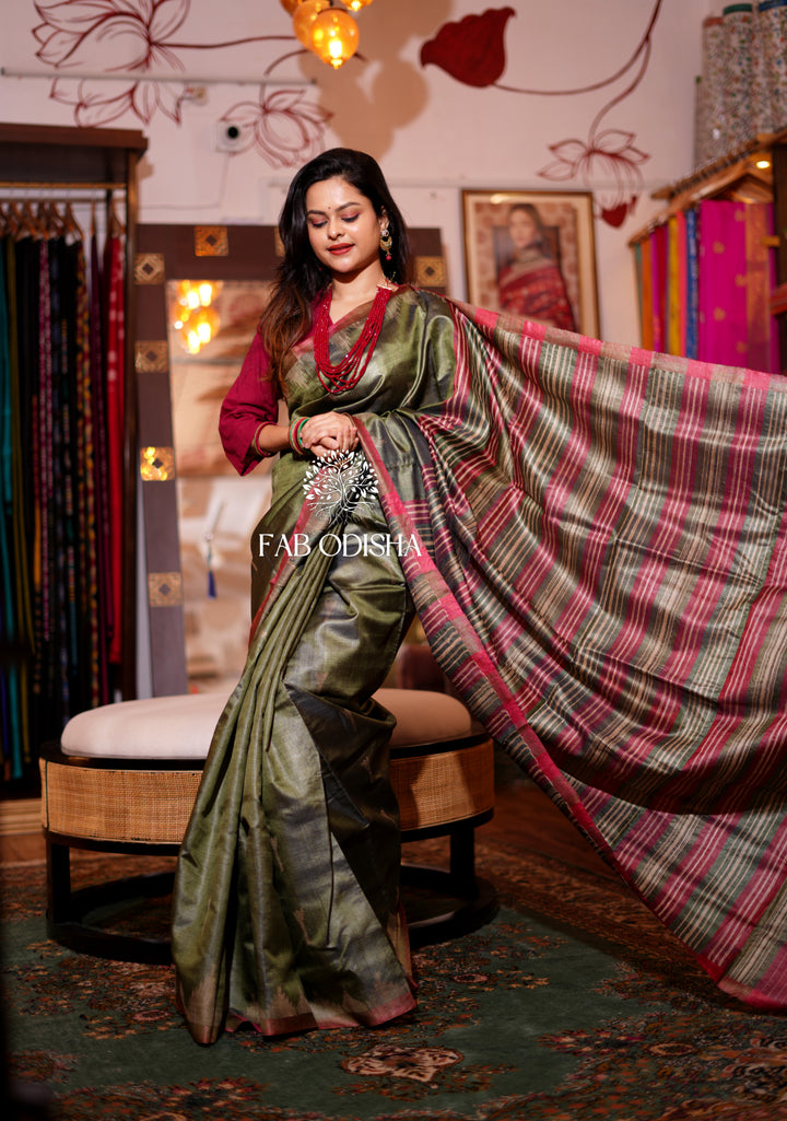 KADIMBINI MASTER WEAVE HERITAGE PHODA-KUMBHA DESIGNER FINE TUSSAR JALLA SILK SAREE